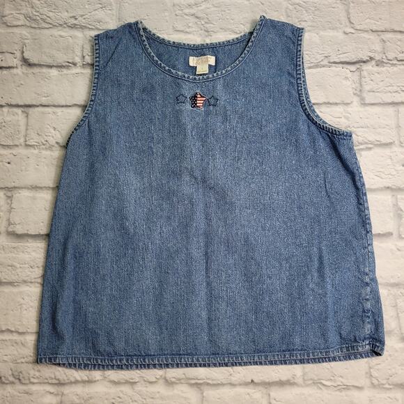 Americana Sleeveless Blue Embroidered Denim Top size Large Christopher & Banks - Picture 1 of 8